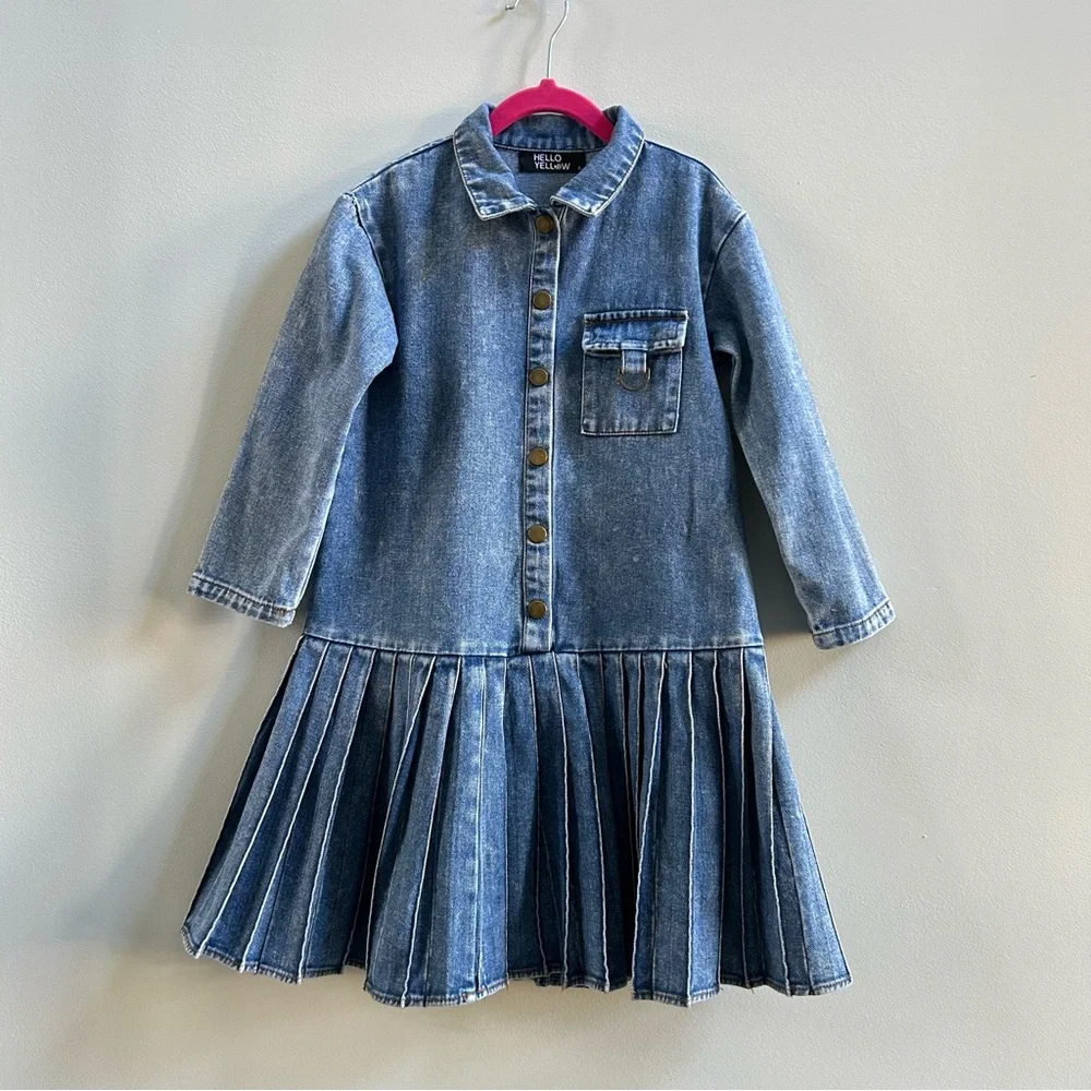 Hello Yellow Girl’s Blue Distressed Denim Pleated Skirt Shirt Dress, Size 6